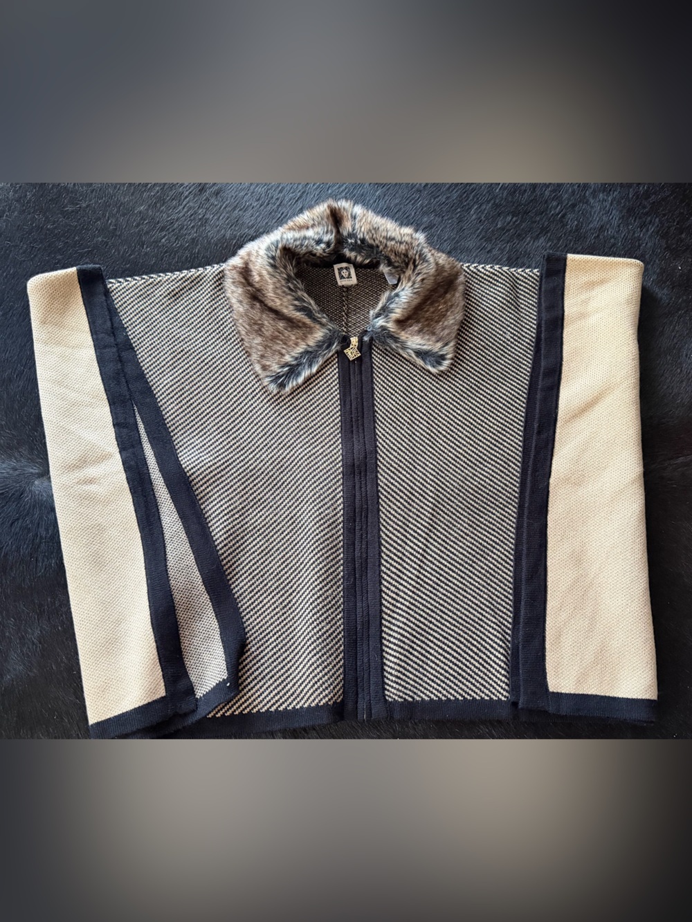 Anne Klein Ponch style -Tone Knit Zip Sweater with Faux Fur Collar
